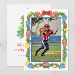 Cartão De Festividades Guirlanda e árvore de Natal de futebol em aquarela