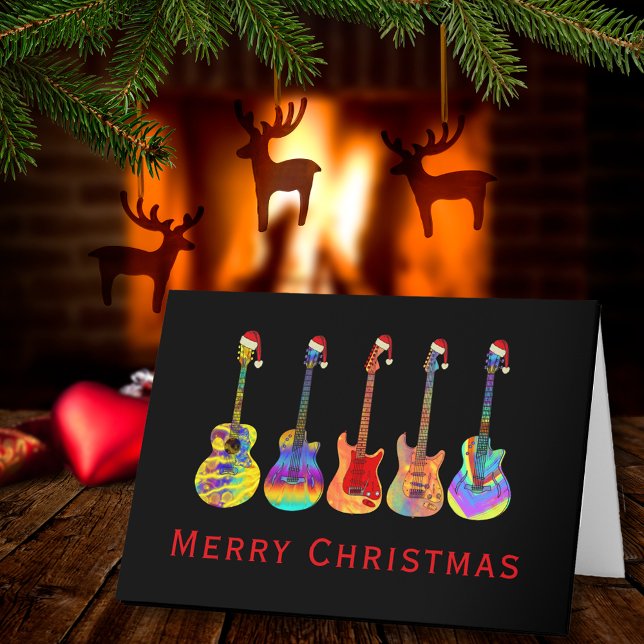 Cartão De Festividades Guitar Feliz Natal Música Psicedélica Engraçada (Christmas guitars wearing Santa hats merry Christmas holiday greetings folded card guitarist music)