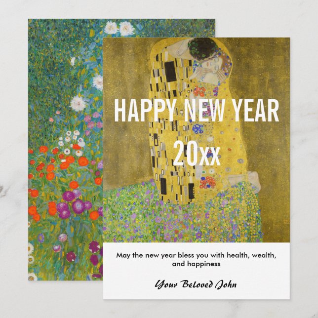 Cartão De Festividades Gustav Klimt - Feliz ano novo com o Beijo (Frente/Verso)