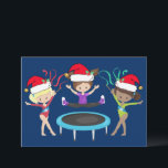 Cartão De Festividades Gymnástica Bonita Girina ginasta de Natal<br><div class="desc">Este lindo cartão de Natal da ginástica mostra 3 garotas bonitas vestindo chapéus de Papai Noel e segurando uma pose com fitas em um bonito fundo de férias azul. A loira está segurando uma fita vermelha, a morena está pulando em um trampolim, e a moça africana americana está segurando uma...</div>