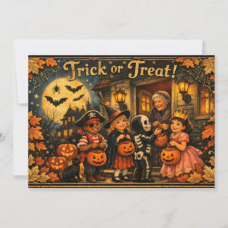 Cartão De Festividades Halloween Antigo Crianças em Fantasias 