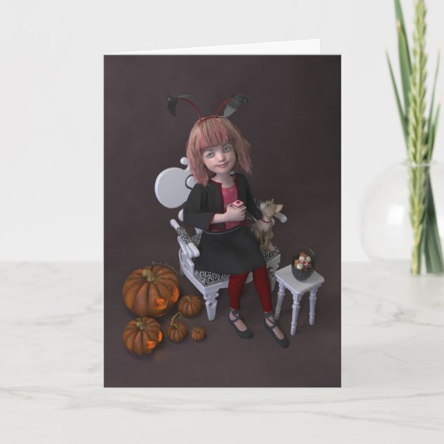 Cartão De Festividades Halloween. Comendo doces. (Frente)