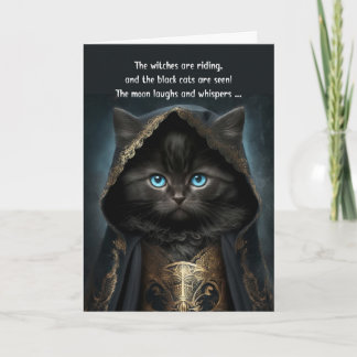 Cartão De Festividades Halloween Cute Black Cat in a Witch Cape with Poem