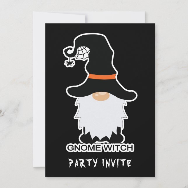 Cartão De Festividades Halloween Gnome Witch White Hair Black Hat Invite (Frente)
