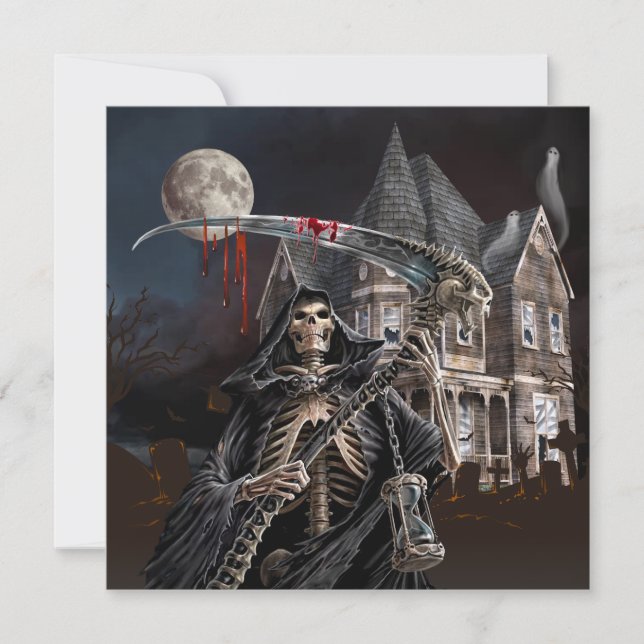 Cartão De Festividades Halloween Grim Reaper Haunted House (Frente)