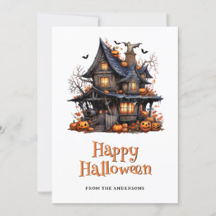 Cartão De Festividades Halloween Hauneen House Pumpkins Bats Ghost
