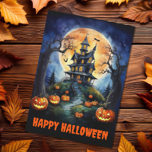Cartão De Festividades Halloween Haunted House com Pumpkins