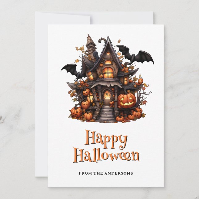 Cartão De Festividades Halloween House Pumpkins Ghost Card (Frente)