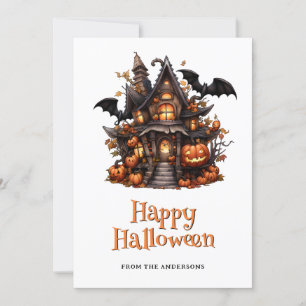 Cartão De Festividades Halloween House Pumpkins Ghost Card