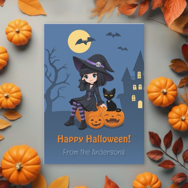 Cartão De Festividades Halloween Witch, Black Cat, Curved Pumpkins Family (Criador carregado)