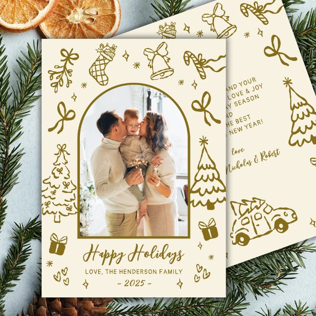 Cartão De Festividades Hand-Drawn Arch Photo Gold Beige Christmas Happy (Criador carregado)