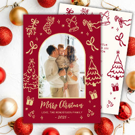 Cartão De Festividades Hand-Drawn Arch Photo Red and Gold Merry Christmas