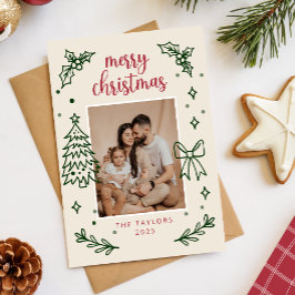 Cartão De Festividades Hand Drawn Bow Minimalist Family Christmas Photo