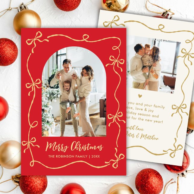 Cartão De Festividades Hand Drawn Bows Arch 2 Photo Merry Christmas Red (Criador carregado)