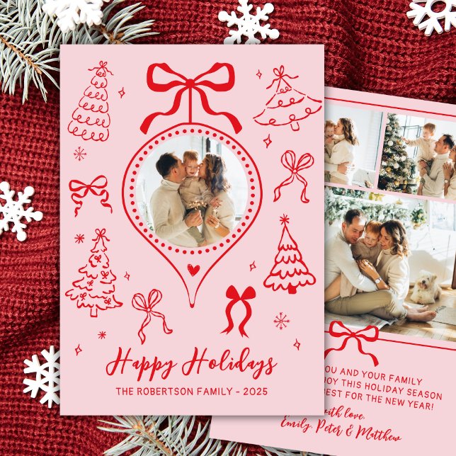 Cartão De Festividades Hand Drawn Bows Photo Pink and Red Christmas Happy (Criador carregado)