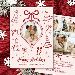 Cartão De Festividades Hand-Drawn Bows Pink Red Photo Christmas Happy