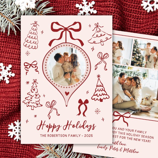 Cartão De Festividades Hand-Drawn Bows Pink Red Photo Christmas Happy  (Criador carregado)