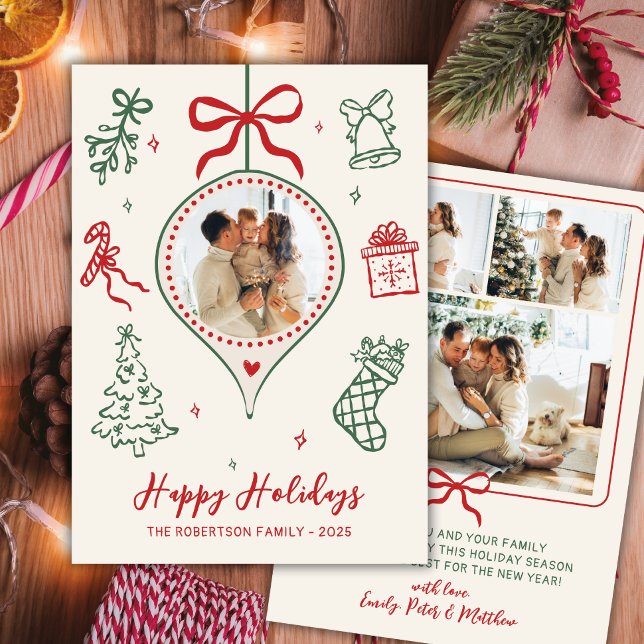 Cartão De Festividades Hand-Drawn Doodle Green Red Photo Christmas Happy (Criador carregado)
