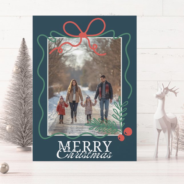 Cartão De Festividades Hand-drawn doodle teal blue Merry Christmas  (Criador carregado)