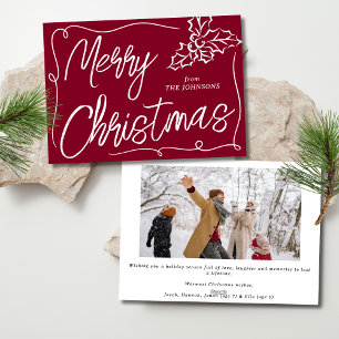 Cartão De Festividades Hand Drawn Holly Berry Burgundy Foto Natal