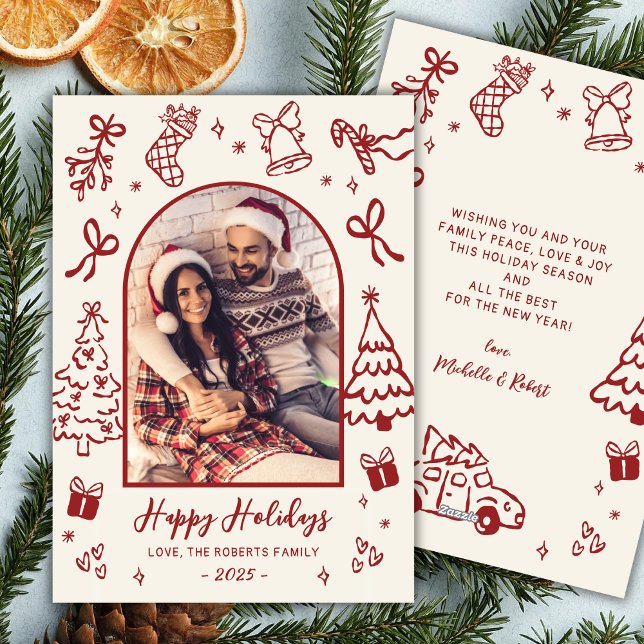 Cartão De Festividades Hand-Drawn Red Doodle Arch Photo Christmas Happy  (Criador carregado)