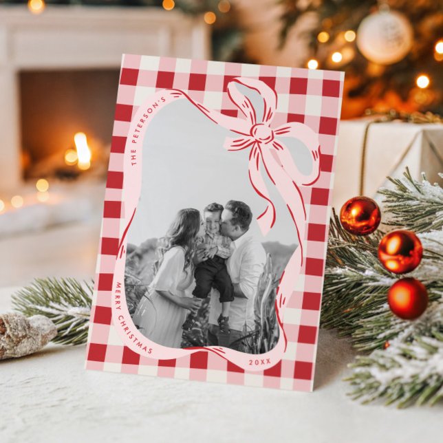 Cartão De Festividades Hand Drawn Red & Pink Family Photo Christmas Card (Criador carregado)