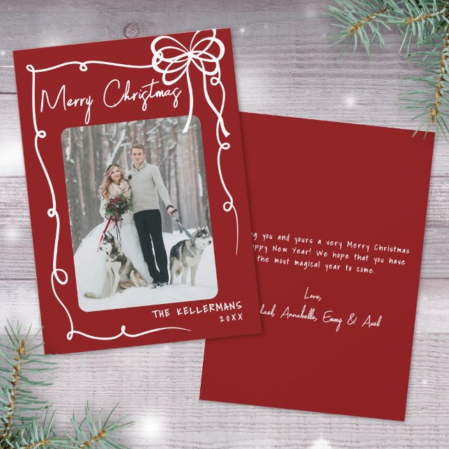 Cartão De Festividades Hand Drawn Red Whimsical Merry Christmas (Hand Drawn Red Whimsical Merry Christmas Holiday Card)