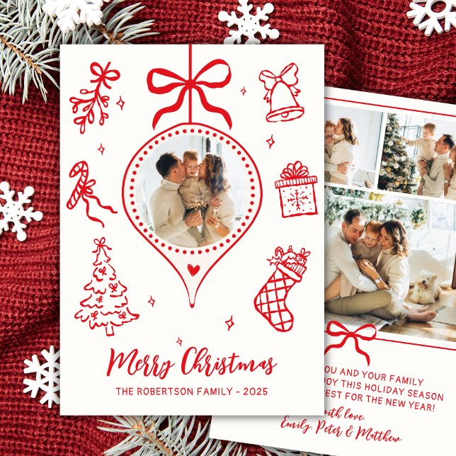 Cartão De Festividades Hand-Drawn Red White Doodle Photo Merry Christmas (Criador carregado)
