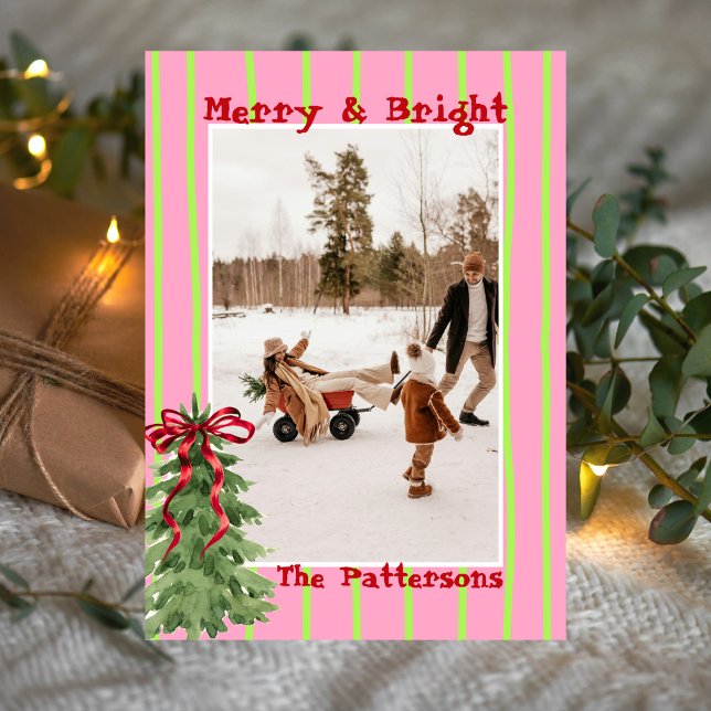 Cartão De Festividades Hand Drawn Retro Citrus Green Pink Photo Christmas (Criador carregado)