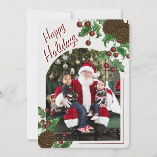 Cartão De Festividades Hand Drawn Rustic Pinecone & Holly Christmas Photo