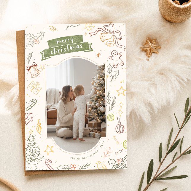 Cartão De Festividades Hand Drawn Scribble Family Kid Photo Christmas (Criador carregado)