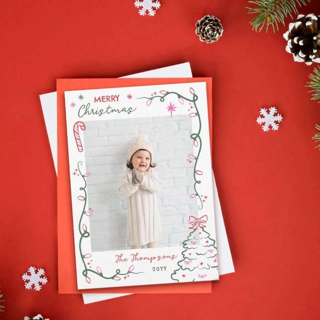 Cartão De Festividades Hand-Drawn String Lights & Tree Merry Christmas (Criador carregado)