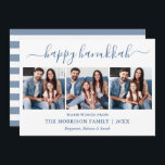 Cartão De Festividades Hanukkah 3 Foto Azul Tirada por Caligrafia Moderna<br><div class="desc">Modern Trendy Calliographic 3 Photo Family Collage Happy Hanukkah Card - Dusty Blue e White Strips Back</div>