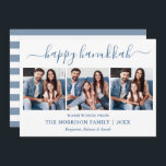 Cartão De Festividades Hanukkah 3 Foto Azul Tirada por Caligrafia Moderna<br><div class="desc">Modern Trendy Calliographic 3 Photo Family Collage Happy Hanukkah Card - Dusty Blue e White Strips Back</div>