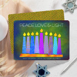 Cartão De Festividades Hanukkah Blue Boho vela verde paz luz de amor<br><div class="desc">"Paz, amor e luz." Uma ilustração lúdica, moderna e artística das velas de padrão de feto em uma menorah ajuda você a lançar no feriado de Chanucá. Velas azuis cortadas com padrões de folha de alumínio coloridas cobrem um fundo verde rico e profundo. Folha escura de cobre num fundo verde...</div>