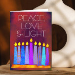 Cartão De Festividades Hanukkah Blue Boho Velas sobre Red Peace Love Ligh<br><div class="desc">"Paz, amor e luz." Uma ilustração lúdica, moderna e artística das velas de padrão de feto em uma menorah ajuda você a lançar no feriado de Chanucá. Velas azuis cortadas com padrões coloridos de folha de alumínio sobrepõem-se a um fundo de textura laranja vermelho, rico e profundamente queimado. Sinta o...</div>