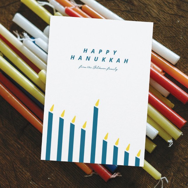 Cartão De Festividades Hanukkah Candle Moderno Minimalista Branco e Teal (Criador carregado)