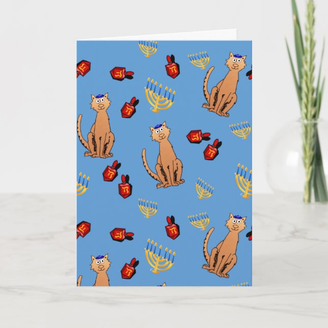 Cartão De Festividades Hanukkah Cat Dreidel Blue Holiday Card (Frente)