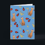 Cartão De Festividades Hanukkah Cat Dreidel Blue Holiday Card<br><div class="desc">Os amantes de gatos ficarão encantados com este divertido cartão de feriado de padrão "Hanukkat", com uma mesa curiosa cor de laranja castanho vestindo um kippah, sonhos vermelhos e menorahs/canukiahs amarelos em um fundo azul brilhante. Perfeito para um presente Hannukah / Chanukah ou festa durante o Festival Judeu das Luzes!...</div>