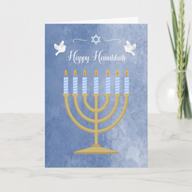 Cartão De Festividades Hanukkah com Menorah e pombos brancos (Frente)