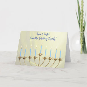Cartão De Festividades Hanukkah Dourado Menorah e velas "Amor e Luz"
