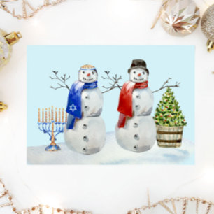Cartão De Festividades Hanukkah e Snowman Watercolor de Natal