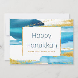Cartão De Festividades Hanukkah Família Moderno Azul Dourado Aquarela