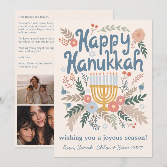 Cartão De Festividades Hanukkah FLorals Art PERSONALIZADO em mão 4 FOTO (Frente/Verso)