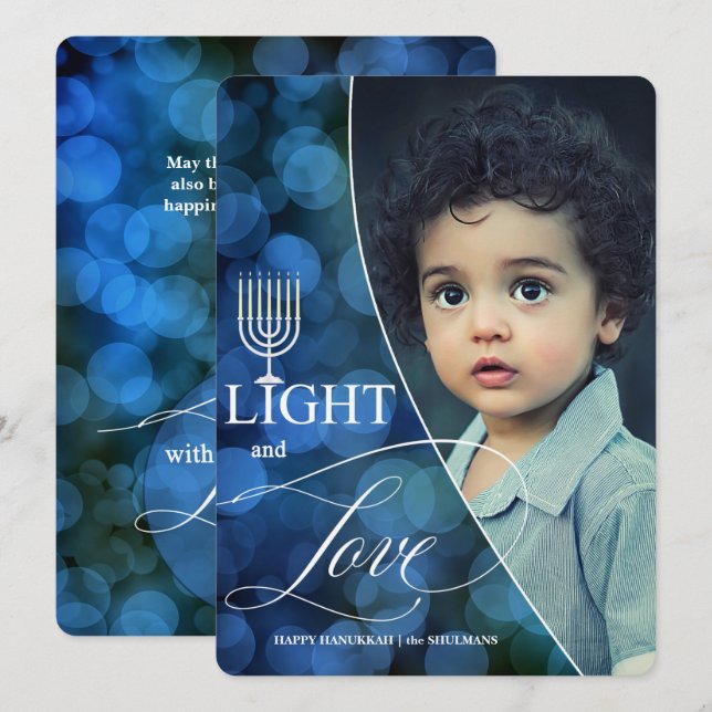 Cartão De Festividades Hanukkah Light and Love with Name and Photo (Frente/Verso)