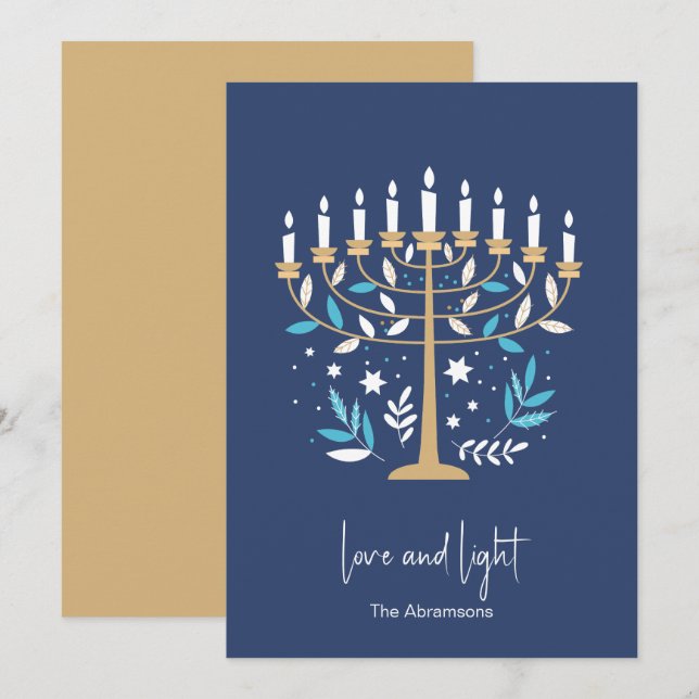 Cartão De Festividades Hanukkah Love & Light Floral Menorah Card (Frente/Verso)