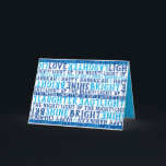 Cartão De Festividades HANUKKAH Love Light Laughter Typography Blue<br><div class="desc">Esta FELIZ Carta de Raios de Amor, HANUKKAH, diz tudo! Envie seus votos de felicidades e esclareça o dia de alguém.Este cartão é uma maneira fantástica de desejar a família e amigos uma frase feliz do Chanukah inclua o LOVE LIGHT LAUGHTER. Eu tenho um pequeno sonho, Brilho Brilhante, e Luz...</div>