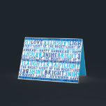 Cartão De Festividades HANUKKAH Love Light Laughter Typography Blue<br><div class="desc">Esta FELIZ Carta de Raios de Amor, HANUKKAH, diz tudo! Envie seus votos de felicidades e esclareça o dia de alguém.Este cartão é uma maneira fantástica de desejar a família e amigos uma frase feliz do Chanukah inclua o LOVE LIGHT LAUGHTER. Eu tenho um pequeno sonho, Brilho Brilhante, e Luz...</div>