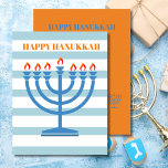 Cartão De Festividades Hanukkah Menorah Modern Blue Greeting Card<br><div class="desc">Mude seu desejo de Chanucá com este moderno design Menorah striped. Ainda usando as cores sazonais tradicionais. O Menorah azul tem chamas laranja. Blues e laranjas. Há espaço para a sua mensagem de feriado no verso com a palavra "Amor e luz" que pode ser apagada se não quiser usá-la. Saudação...</div>