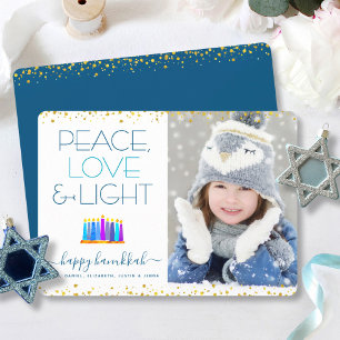 Cartão De Festividades Hanukkah Menorah Modern Peace Love Foto leve